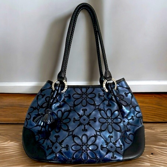 Brighton Handbags - Brighton Valencia Navy Blue Floral Metallic Embroidered Leather Shoulder Bag